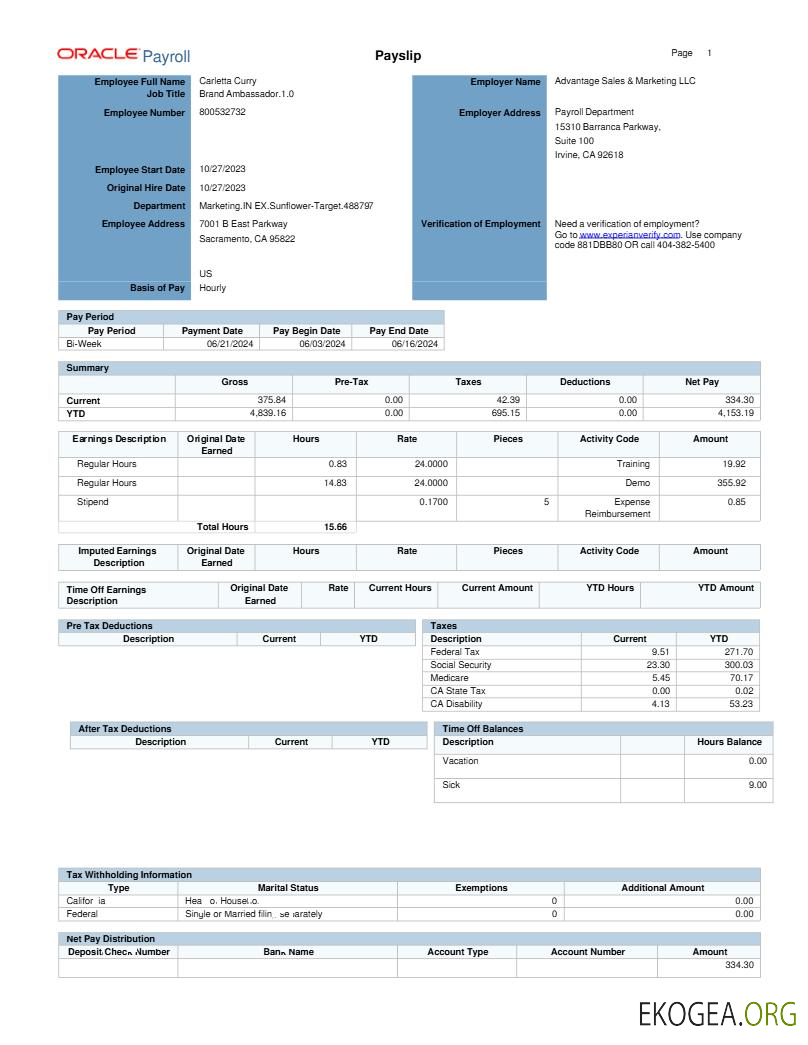 Modèle de fiche de paie Oracle Payroll Advantage Sales & Marketing LLC aux formats Word et PDF.pdf, 1
